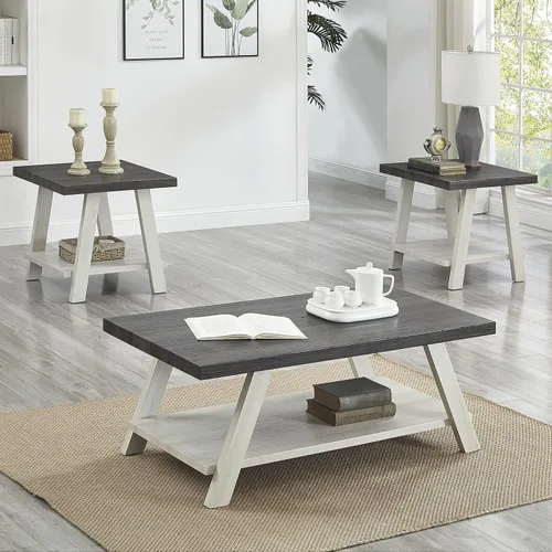 Vista 12 de Roundhill Furniture Atenas Juego de mesa de café de 3 piezas de estante de madera contemporánea, negro