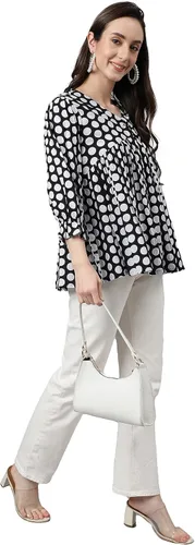 Vista 4 de Janasya Top Peplum de algodón negro con estampado de lunares para mujer india