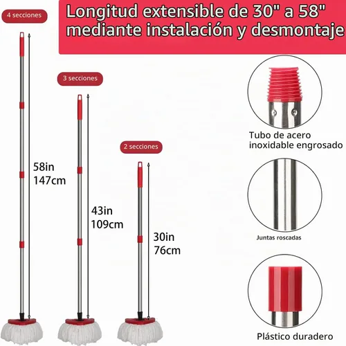 Vista 2 de FOOKCIAN Juego de Repuesto para Trapeador Giratorio - 4 Cabezales de Microfibra, Base, Mango de 30-58'' Compatible con OCedar EasyWring - Blanco