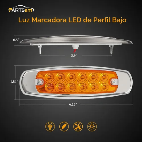 Vista 5 de Partsam 10 Uds. 6.2 "ámbar 12LED Laterales Luces de Liquidación con Bisel de Acero Inoxidable Reemplazo para Semi Camiones Peterbilt Kenworth