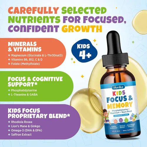 Vista 5 de Suplementos de concentración y atención para niños con fosfatidilserina, L-teanina, omega-3 y glicinato de magnesio, vitaminas cerebrales