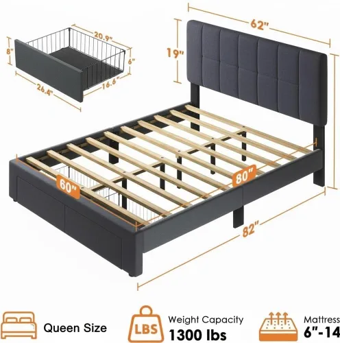 Vista 2 de Pipishell Base de cama tamaño Queen tapizada con 2 cajones de almacenamiento, cabecera ajustable, plataforma de madera maciza, 12 patas de soporte