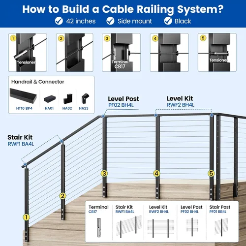 Vista 6 de Muzata RW23 - Kit de barandilla modular de montaje lateral para cubiertas de 42 pulgadas 2 Level Post Kit with Wire Rope & Cable Railing Hardware