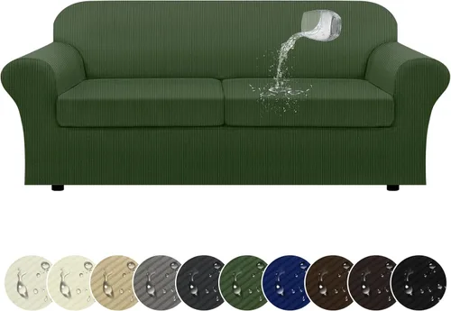 Vista 13 de Funda impermeable para silla con brazos, juego de 2 piezas, funda a rayas para 1 sofá separado con cojín en T, fundas de sillón de tela