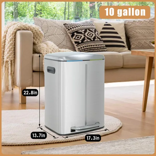 Vista 7 de Cubo de basura de acero inoxidable con doble compartimento de 40 litros/10 galones, cubo de basura manos libres con tapa de cierre suave, combo