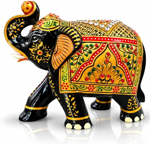 Vista 2 de Figura de elefante de madera hecha a mano – Obra de arte tradicional, adornos dorados y piedras preciosas – Estatua decorativa de elefante