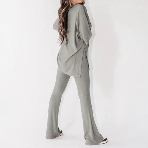 Vista 5 de Gumipy Women's 2 Piece Outfit All Weekend Long Pant Set Casual Fall Outfits 34 Sleeve Ribbed T-Shirt & Wide Leg Pants Tracksuit
