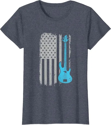 Vista 76 de Electric Bass Guitar Player American Flag Musician T-Shirt Asphalt Grey