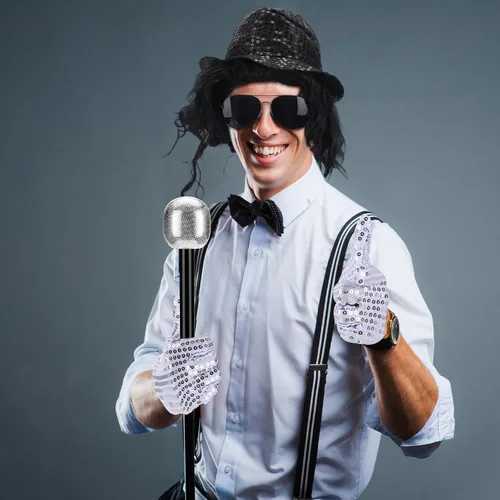 Vista 7 de 6 piezas de disfraz pop de Halloween, disfraz de estrella de baile con guante, sombrero, lentes de sol, auricular, peluca con micrófono