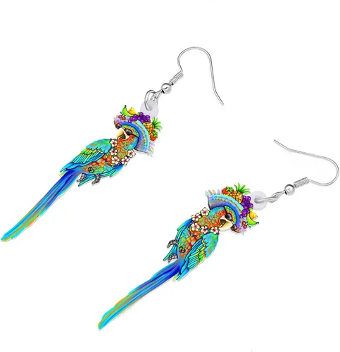 Vista 3 de LONYOO Aretes acrílicos de pájaro loro guacamayo, joyería de verano, colgante, guacamayo escarlata, regalos para mujeres y niñas