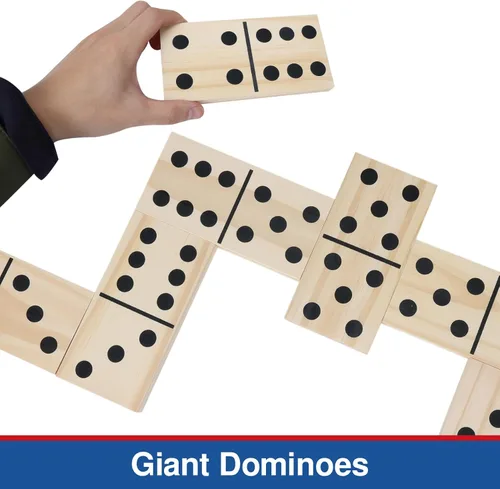 Vista 4 de GOTHINK Juego de dominó de madera gigante para adultos y niños, 28 piezas de azulejos de dominó de madera natural jumbo con puntos negros