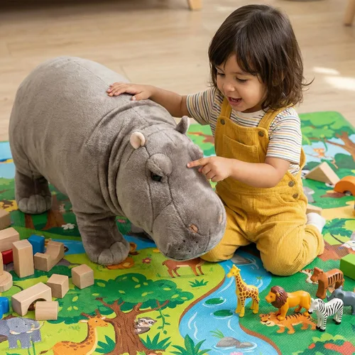 Vista 12 de Juguete de peluche realista de hipopótamo, animal de peluche de hipopótamo de 14 pulgadas, animales salvajes suaves, juguetes de peluche únicos