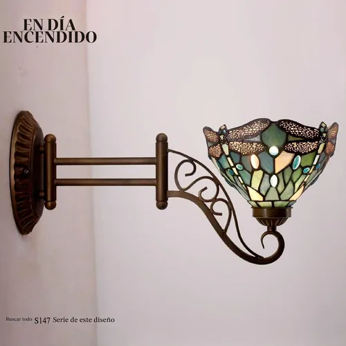 Vista 5 de WERFACTORY Tiffany Lámpara de pared con brazo oscilante para enchufar, luz azul mar, estilo libélula W8L19 pulgadas, serie S147