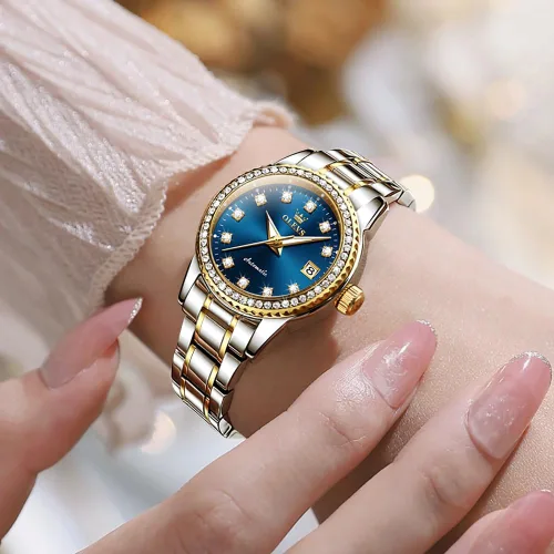 Vista 2 de OLEVS Reloj automático para mujer, con diamantes de moda, de lujo, mecánico, de acero inoxidable, para mujer, luminoso, resistente al agua