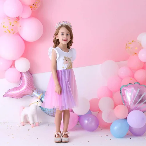 Vista 6 de DXTON Vestidos de verano de manga corta para niña, tutú para fiesta, boda, cumpleaños
