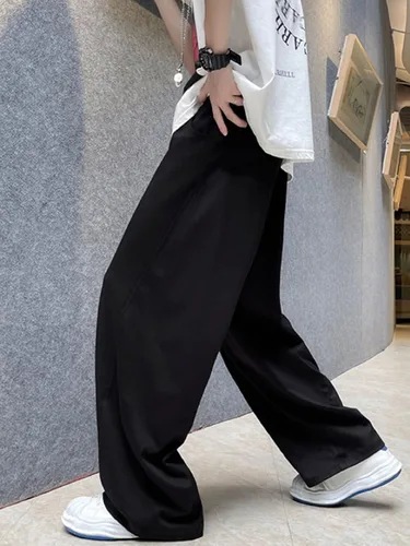 Vista 2 de OYOANGLE Pantalones deportivos holgados con cordón y cintura elástica Y2K para hombre, pantalones largos sueltos de pierna ancha con bolsillo