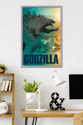 Vista 2 de Trends International Godzilla vs Kong - Póster de pared Godzilla, 34 pulgadas de largo x 22.4 pulgadas, versión enmarcada gris