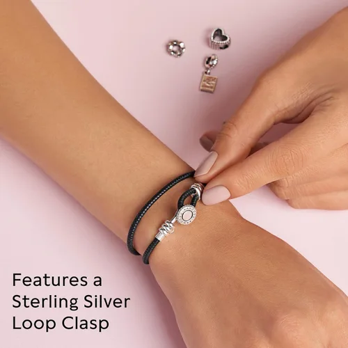 Vista 5 de PANDORA Joyería - Pulsera doble de cuero con circonita cúbica en plata de ley, Metal Cuero