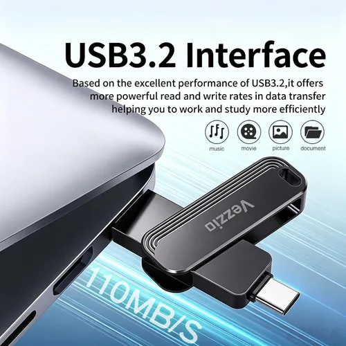 Vista 3 de Vezzio Unidades flash USB de 32 GB 2 en 1 OTG USB 3.2+ tipo C Dual USB, memoria de diseño giratorio para iPhone 15/16/17 Series, iPad, teléfono