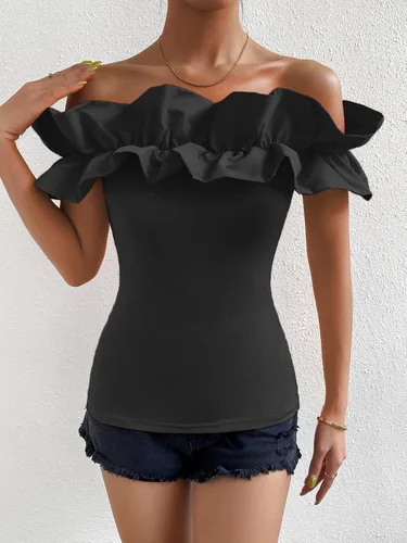 Vista 6 de OYOANGLE Blusa de manga corta con volantes y hombros descubiertos para mujer