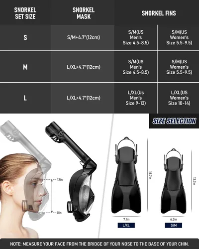 Vista 7 de WSTOO Mask Fins Snorkel Set,Snorkeling Gear for Adults,Full Face Snorkel Mask & Adjustable Swim Fins,Dry Top System Anti-Fog Anti-Leak
