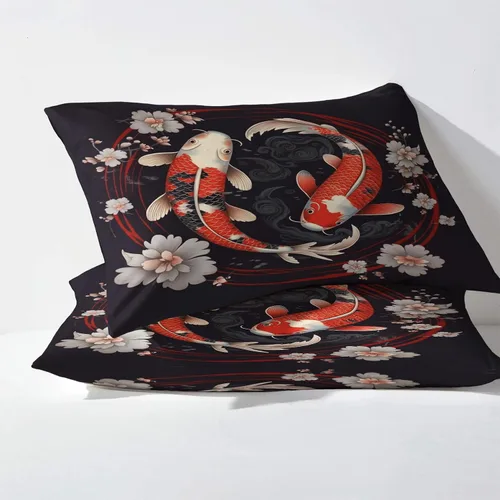Vista 3 de Koi Fish Sábanas tamaño individual, sábanas japonesas con flores, sábanas y fundas de almohada estampadas de 3 piezas, sábana bajera ajustable