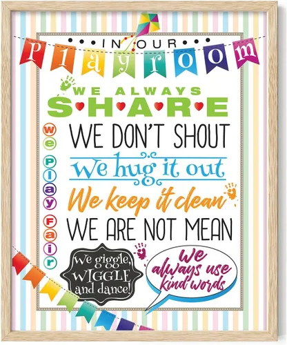 Vista 10 de In Our Playroom Rules Wall Art 11x14 Framed Poster Ready to Hang Kids Behavior Chart Nursery Decor Classroom Rules Poster Sharing Kind Words Hug It