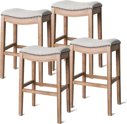 Vista 39 de Maven Lane Adrien Taburete de bar sin espalda, juego de 2, asiento de silla de montar de 31 pulgadas con reposapiés, marco de madera maciza marrón