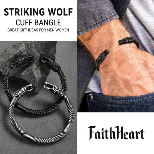 Vista 8 de FaithHeart Brazalete vikingo para hombres y mujeres, brazalete de acero inoxidable con diseño de alambre punk cuervolobodragón