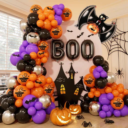 Vista 25 de Kit de arco de guirnalda de globos de Halloween, 116 globos naranjas, negros y blancos Negro + naranja