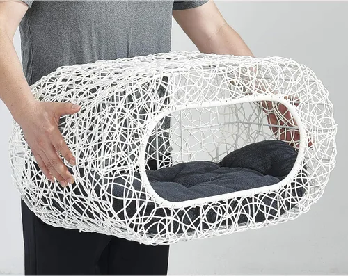 Vista 2 de Condo de Gato Apilable Blanco en Oferta para Gatos de Interior - Casa de Gatos Moderna de Ratán Interactiva para Gatos de Interior, Entrada