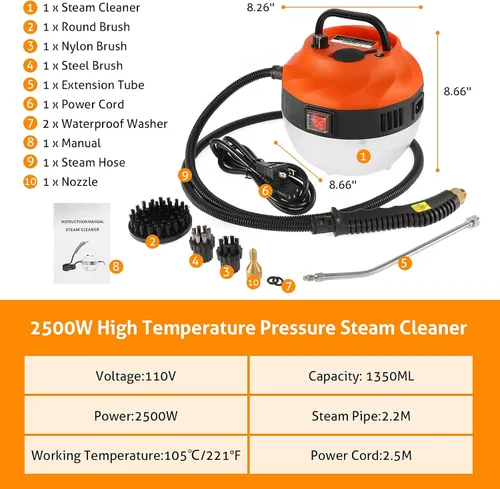 Vista 7 de WICHEMI Limpiador de vapor para limpieza de alta presión de 1800 W, limpiador de vapor de mano de alta temperatura para detalles de automóviles
