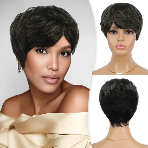 Vista 12 de RUWISS Peluca de cabello humano con corte Pixie, peluca de cabello humano con flequillo, peluca negra corta natural en capas, ondulada