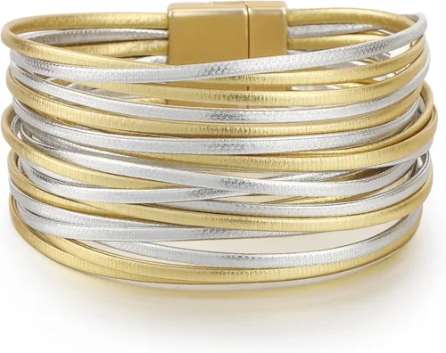 Vista 13 de Edoneery - Pulsera envolvente de cuero para mujer, brazalete de puño de múltiples capas hecho a mano estilo bohemio con cuentas de cristal