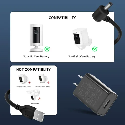 Vista 4 de Cables de carga de 30 pies para anillo resistente a la intemperie, cable de carga para interiores y exteriores con adaptador de corriente rápido