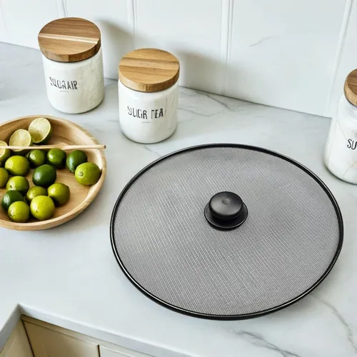 Vista 5 de Mikinona Protector contra salpicaduras de aceite de 13 pulgadas para sartén y olla, malla de acero inoxidable, protector contra salpicaduras de Negro