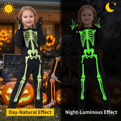 Vista 2 de Disfraces de esqueleto para niños que brillan en la oscuridad, disfraz de fiesta de Halloween con guantes para niñas y niños