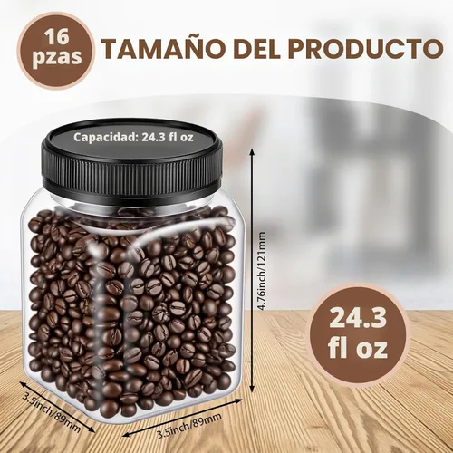 Vista 2 de 16 tarros de plástico transparente de 24 onzas con tapas negras