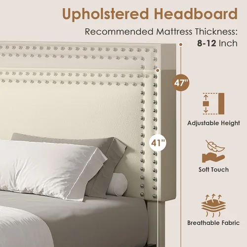 Vista 4 de VECELO Base de cama de plataforma de tamaño individual con cabecera tapizada de altura ajustable, base de colchón moderna, soporte de listones