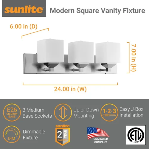 Vista 2 de Sunlite 81324-SU - Moderna lámpara cuadrada para tocador, montaje en pared de 24 pulgadas, base media (E26), requiere bombilla estándar A19