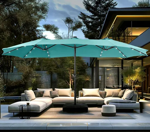 Vista 12 de PHI VILLA Sombrilla de patio grande de 15 pies con base y luces solares, paraguas rectangular de doble cara para exteriores con 36 luces LED, Beige