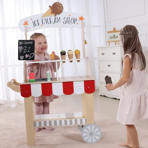 Vista 3 de Labebe Carrito de Helados de Madera para Niños, Camión de Helados para Niños Pequeños con Tirador, Juego de Simulación con Pizarra, Campanilla