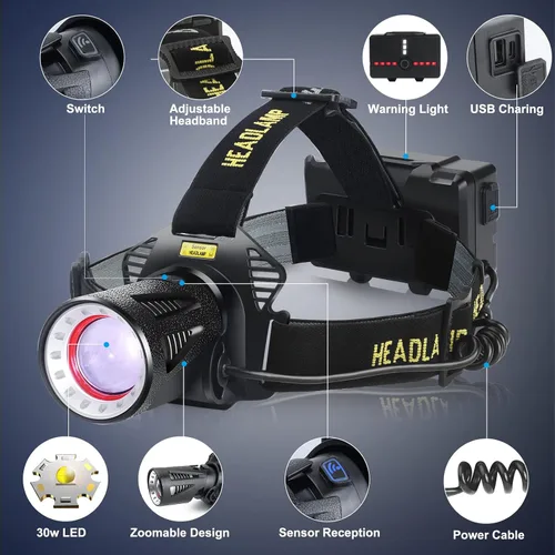 Vista 7 de Aikertec Linterna de cabeza recargable, linterna de cabeza súper brillante para adultos con sensores de movimiento, 7 modos, con zoom, linterna