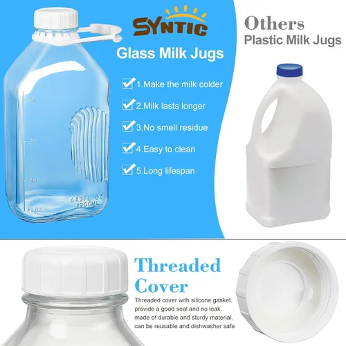 Vista 4 de Syntic Botella de leche de vidrio de 2 cuartos con tapa de rosca hermética reutilizable y resistente, botellas de vidrio de 64 oz para leche