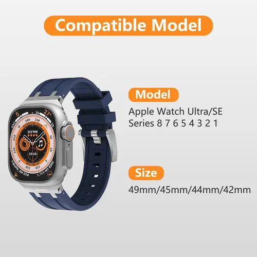Vista 2 de Correa deportiva de goma de silicona líquida con adaptador de acero inoxidable para Apple Watch Ultra 1/2 1.929 in 1.772 in 1.732 in 1.654 in
