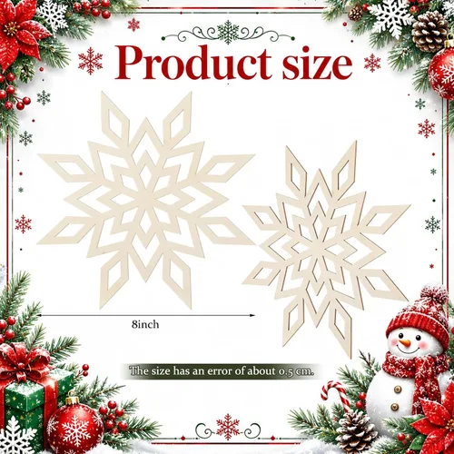 Vista 2 de 12 piezas de copos de nieve de madera sin terminar de 8 pulgadas para manualidades, adorno de copo de nieve de madera, decoración de pared colgante
