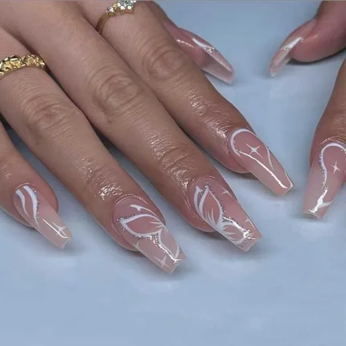 Vista 9 de Uñas postizas a presión de almendra, color rosa degradado medio, con bonito diseño de conejo y gato, uñas postizas de estrella plateada, uñas