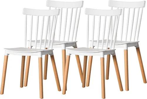 Vista 10 de Fabulaxe Silla de comedor de plástico moderna diseño Windsor con patas de madera de haya, color blanco juego de 2