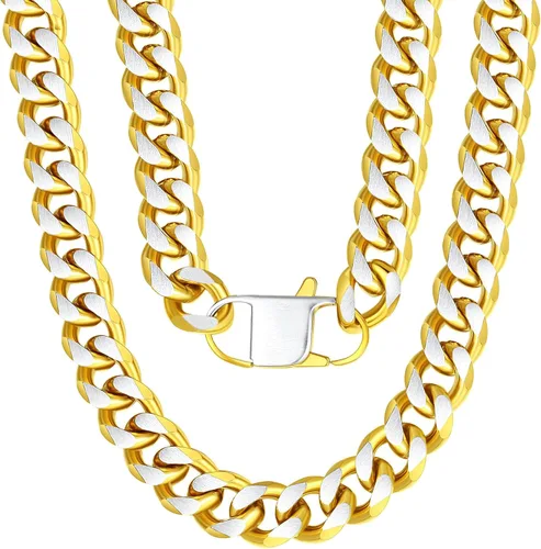 Vista 20 de YAMI Cadena de eslabones cubanos para hombre, azul/negro/oro de 14 quilates, acero inoxidable de 0.394-0.472 in de grosor, collar de cadena