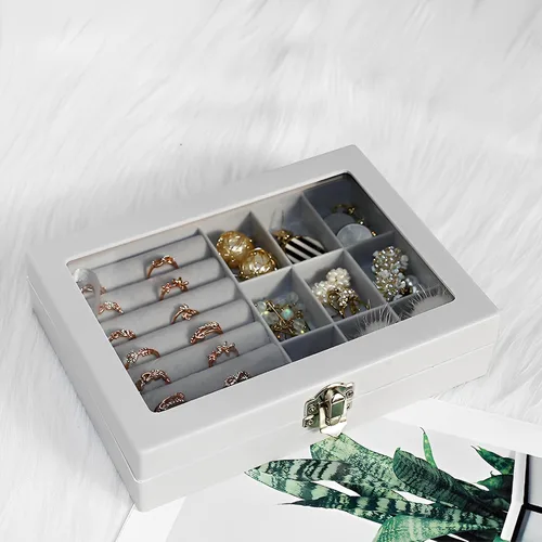 Vista 5 de Caja de almacenamiento de cristal de terciopelo para joyas, bandeja para anillos, aretes, organizador de anillos, collar y joyero